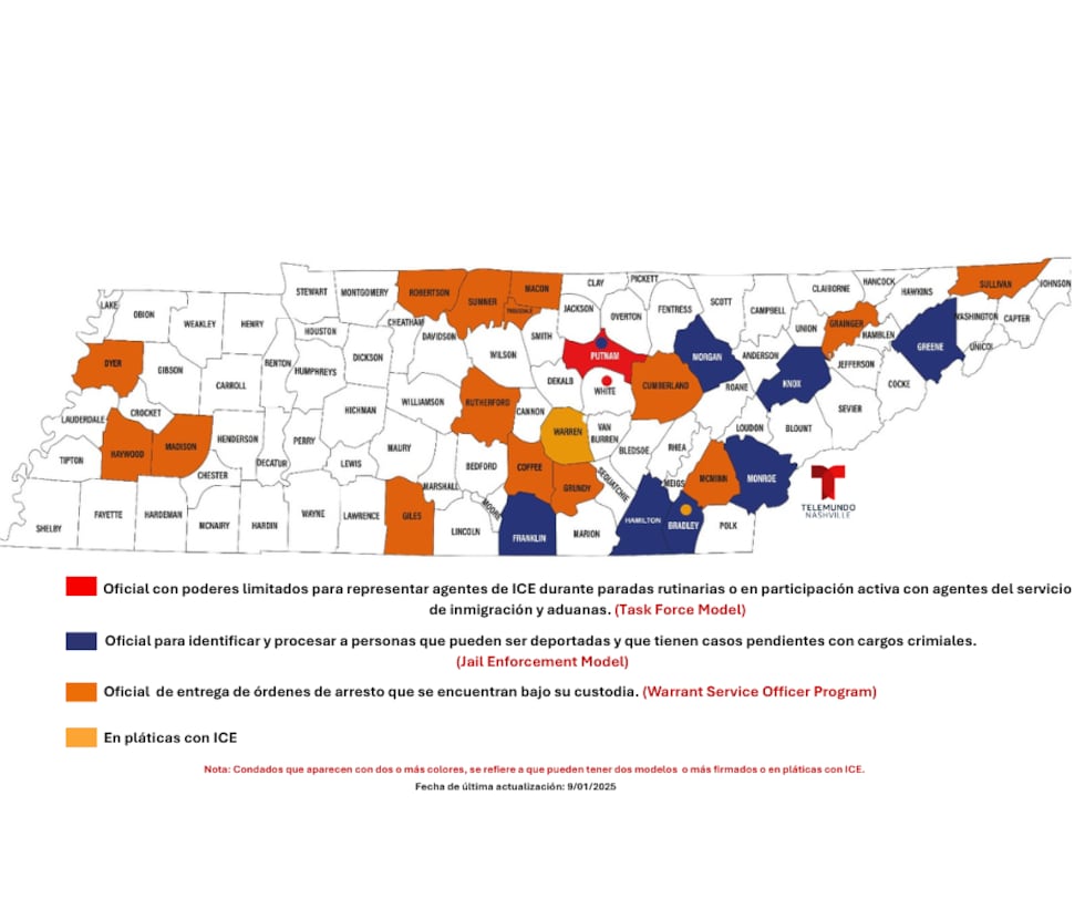 Mapa de los condados en Tennessee con 287 (g)