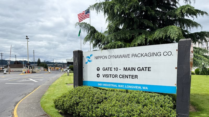 Exterior de la planta procesadora de papel Nippon Dynawave Packaging Co., tras la implosión de...